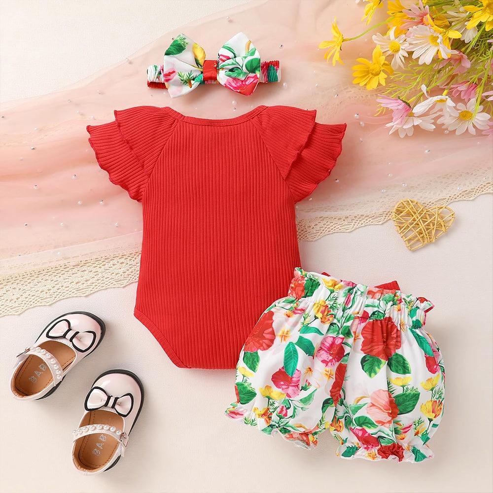 3PCS Vibrant Floral Print Flounce Sleeve Baby Set