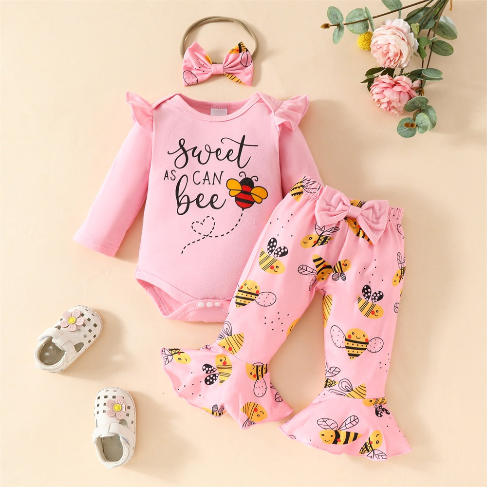 3PCS Sweet As Can Bee Letter Print Long Sleeve Baby Set
