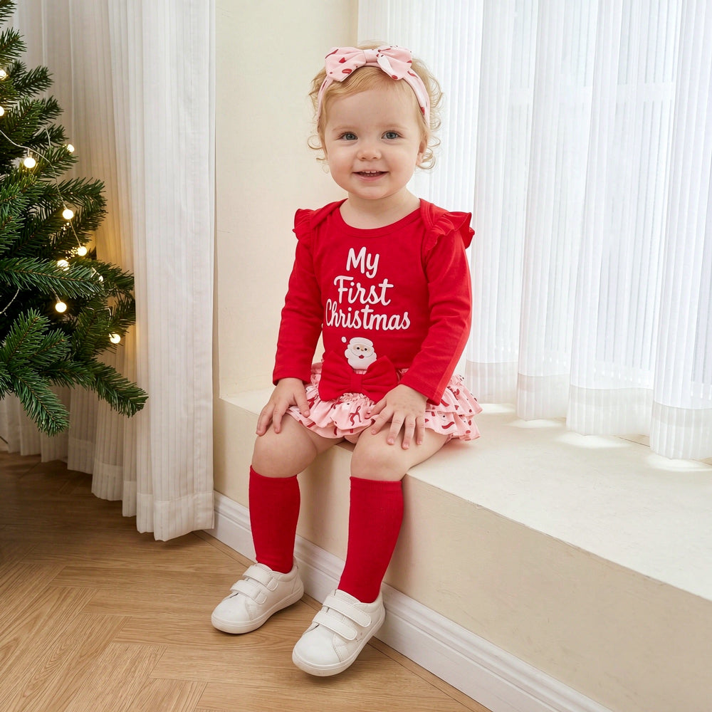 4PCS My First Christmas Letter Bow Santa Claus Print Baby Set