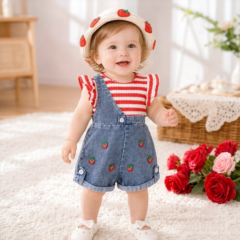 2PCS Lovely Strawberry Appliqued Striped Flutter Sleeve Baby Overalls Set
