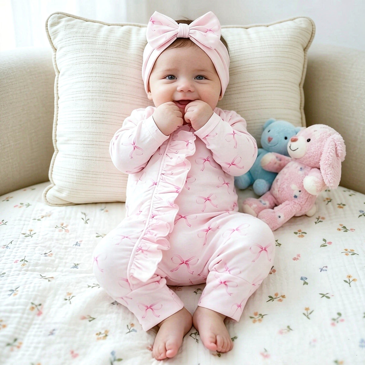 2PCS Dreamy Bow Print Long Sleeve Zipper Baby Girl Jumpsuit