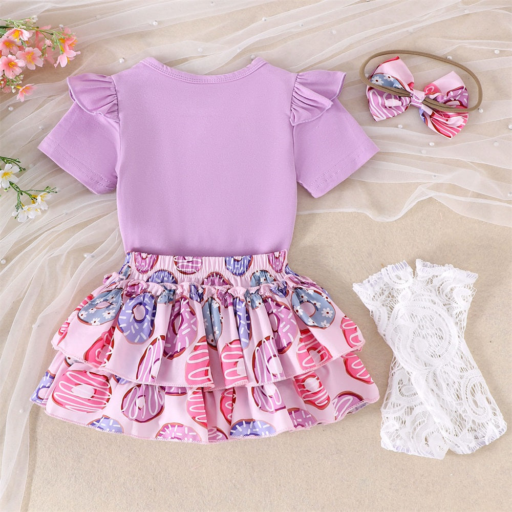 4PCS Sweet One Letter Donut Print Short Sleeve Baby Set
