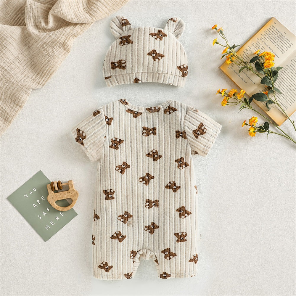 2PCS Fashion Bear Printed Short Sleeve Baby Jumpsuit