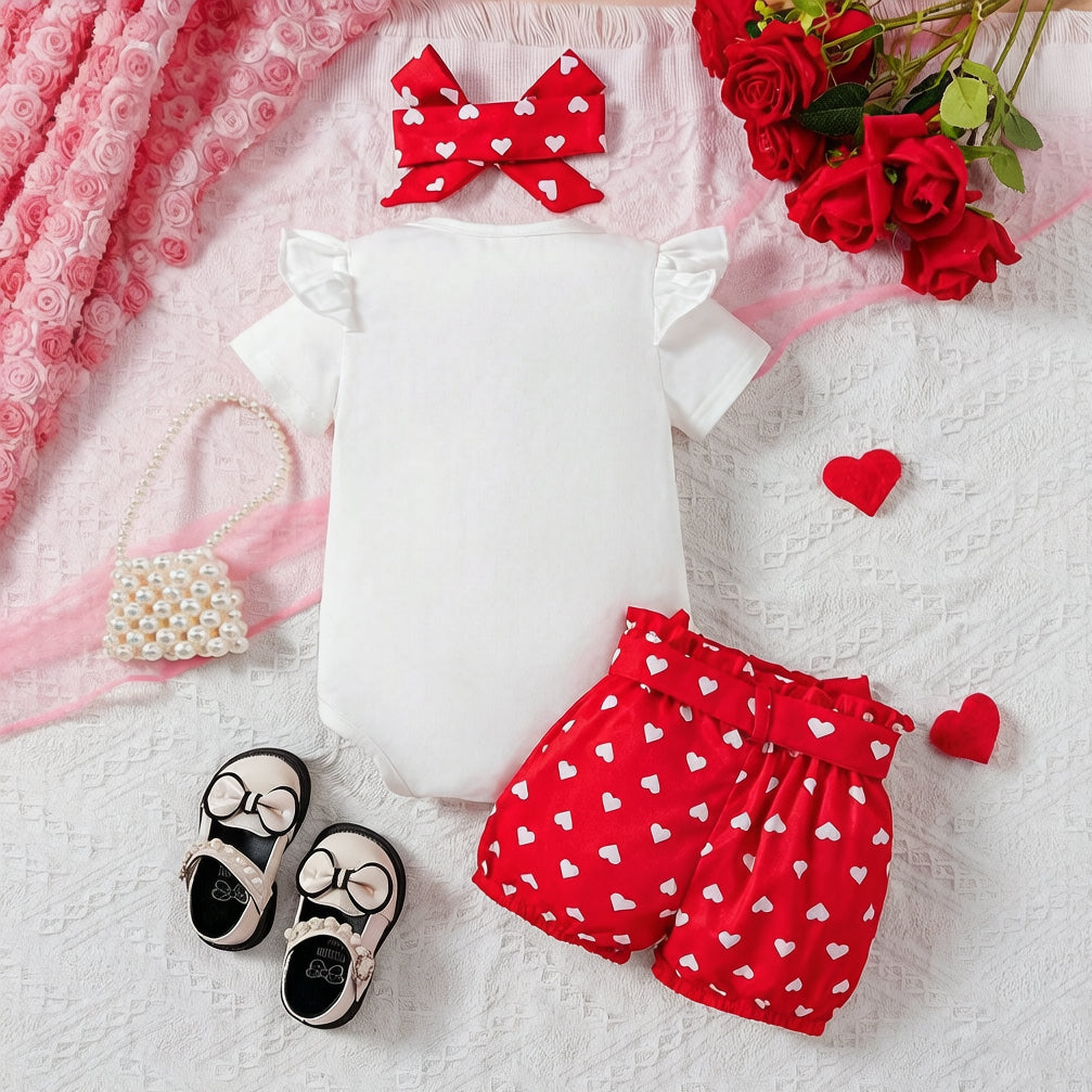 3PCS Mama Is My Bestie Letter Heart Print Short Sleeve Baby Set