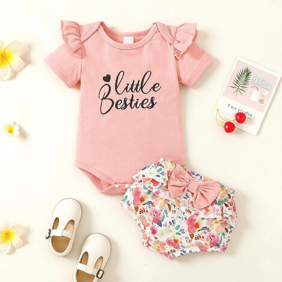 2PCS Little Besties Letter Floral Print Short Sleeve Baby Set