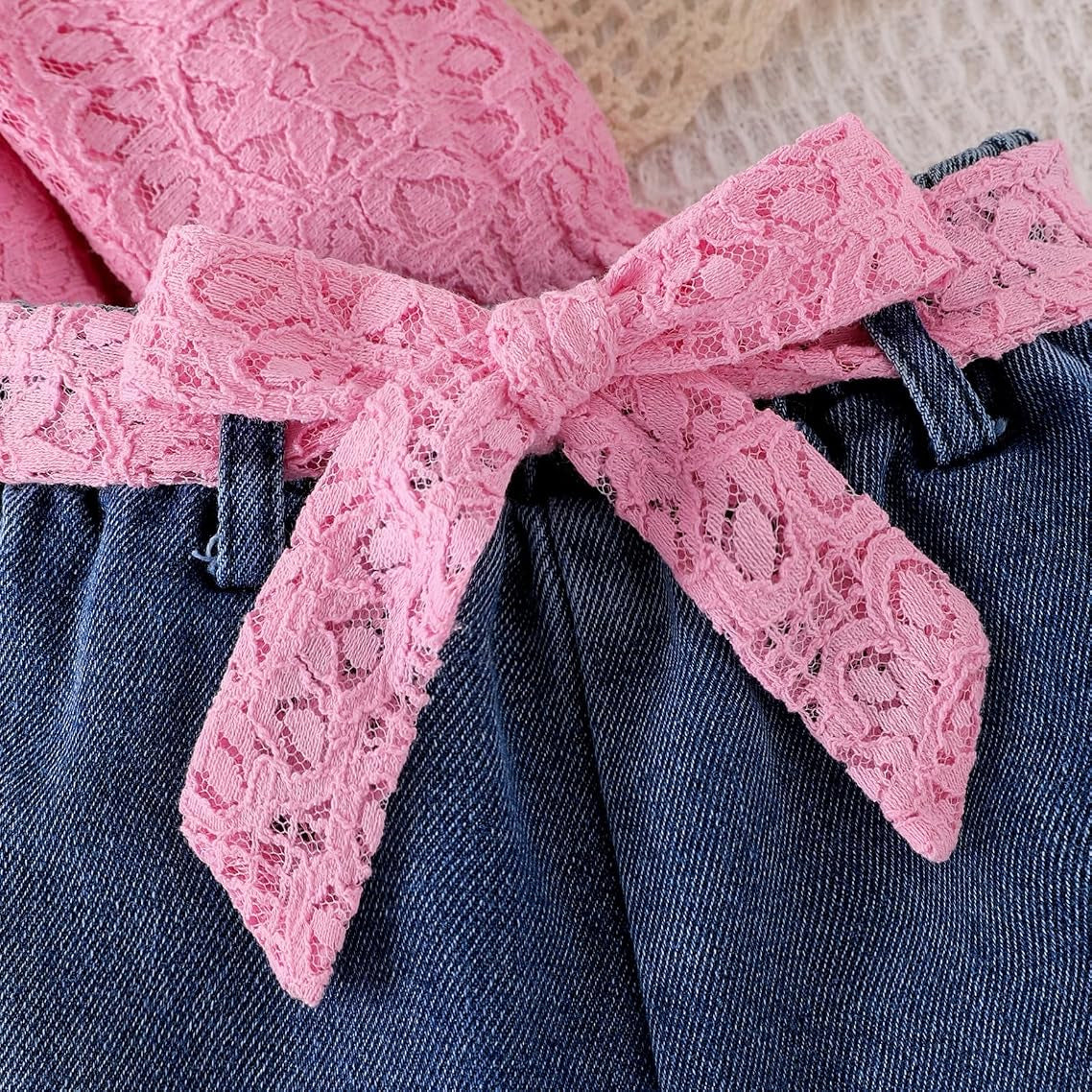 3PCS Chic Lace Top and Distressed Denim Bell-Bottom Baby Girl Set