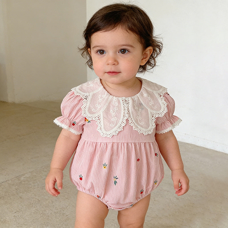 Cute Floral Embroidery Lace Short Sleeve Baby Romper