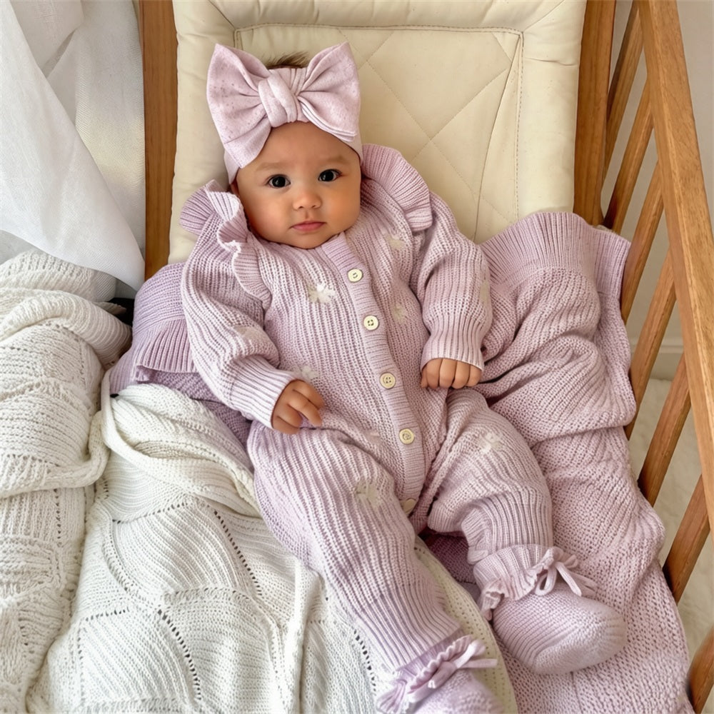 2PCS Cheerful Floral Embroidery Knit Long Sleeve Baby Jumpsuit