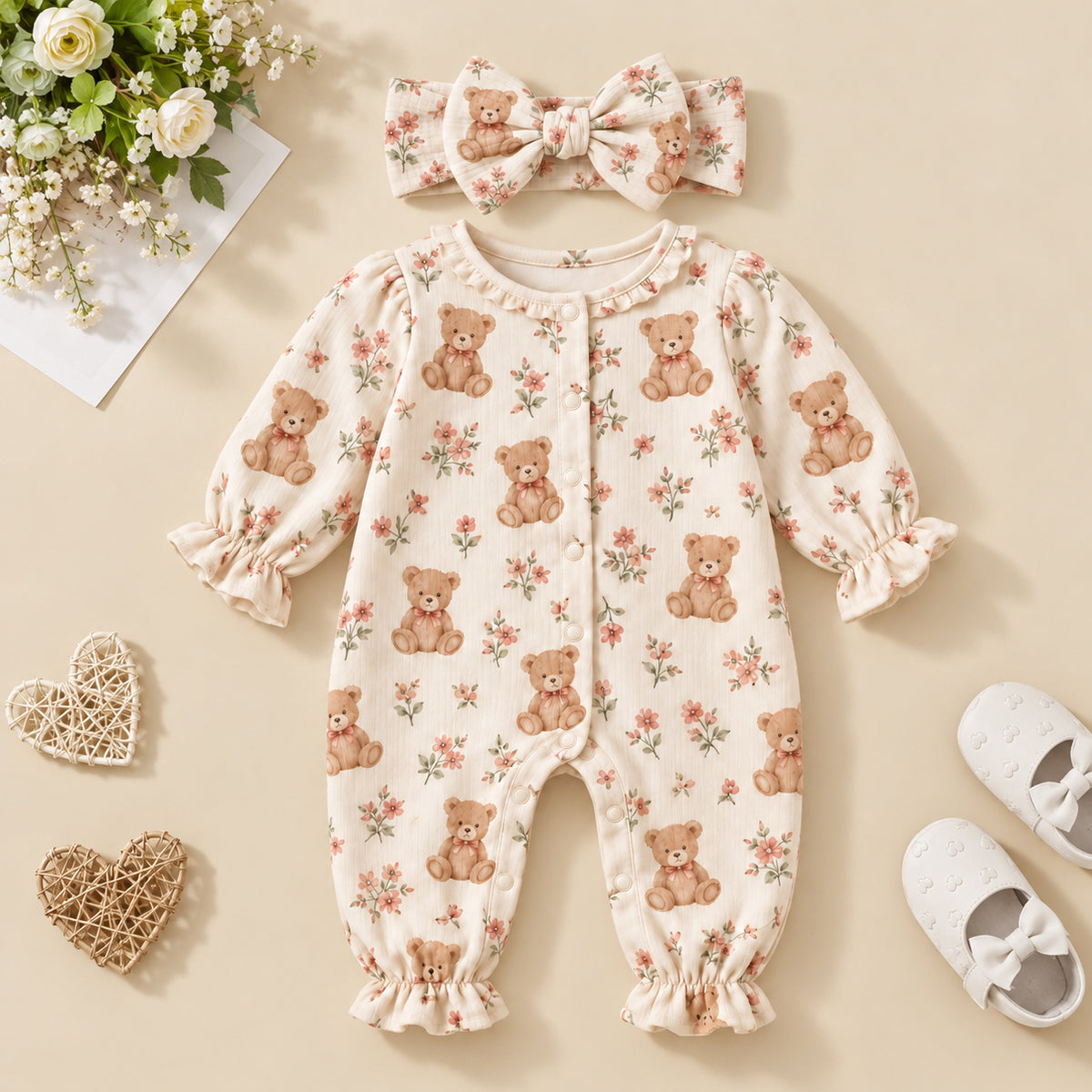2PCS Lively Teddy Bear Floral Print Long Sleeve Baby Girl Jumpsuit