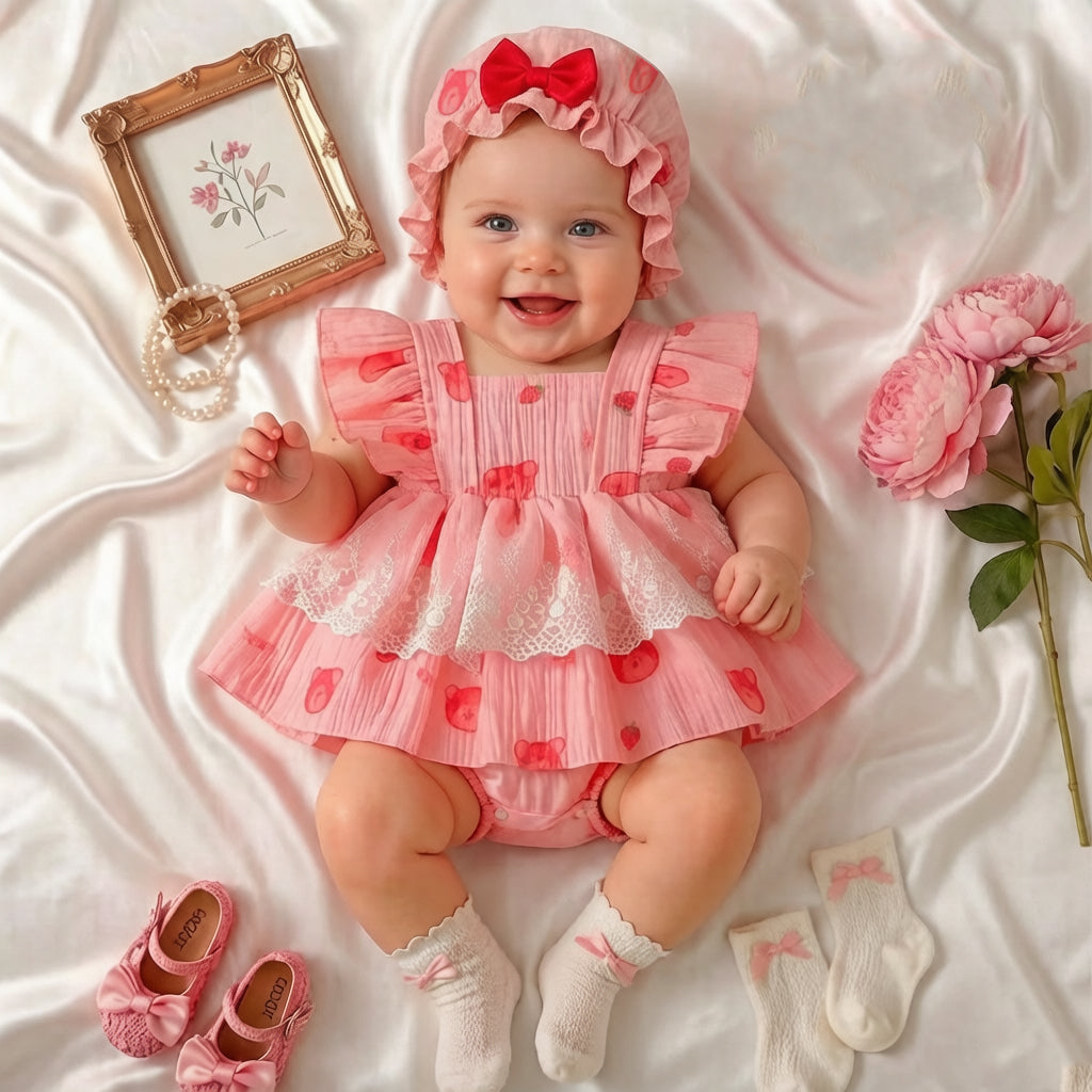 2PCS Cute Bear Print Lace Trim Flutter Sleeve Baby Romper