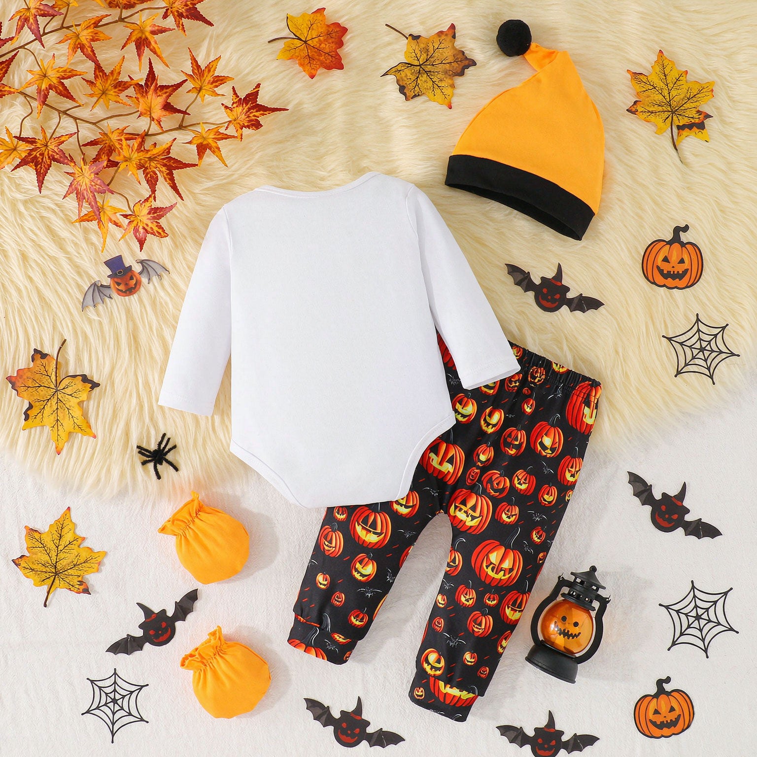 3PCS Boo My First Halloween Letter Pumpkin Printed Long Sleeve Baby Set