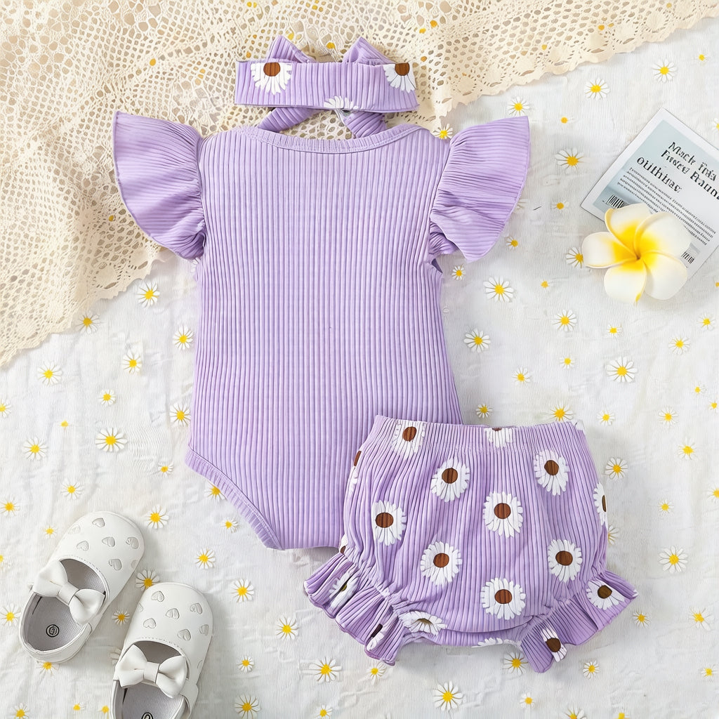 3PCS Daddy's Girl Letter Daisy Print Flutter Sleeve Baby Set