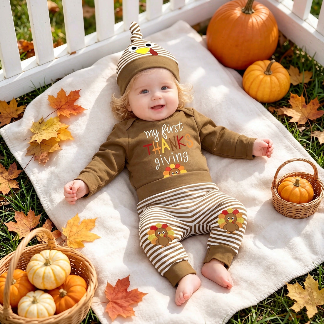 3PCS Lovely My 1st Thanksgiving Letter Turkey Stripe Print Baby Set
