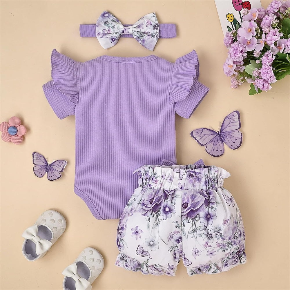 3PCS Stylish Floral Printed Ruffled Short Sleeve Baby Set