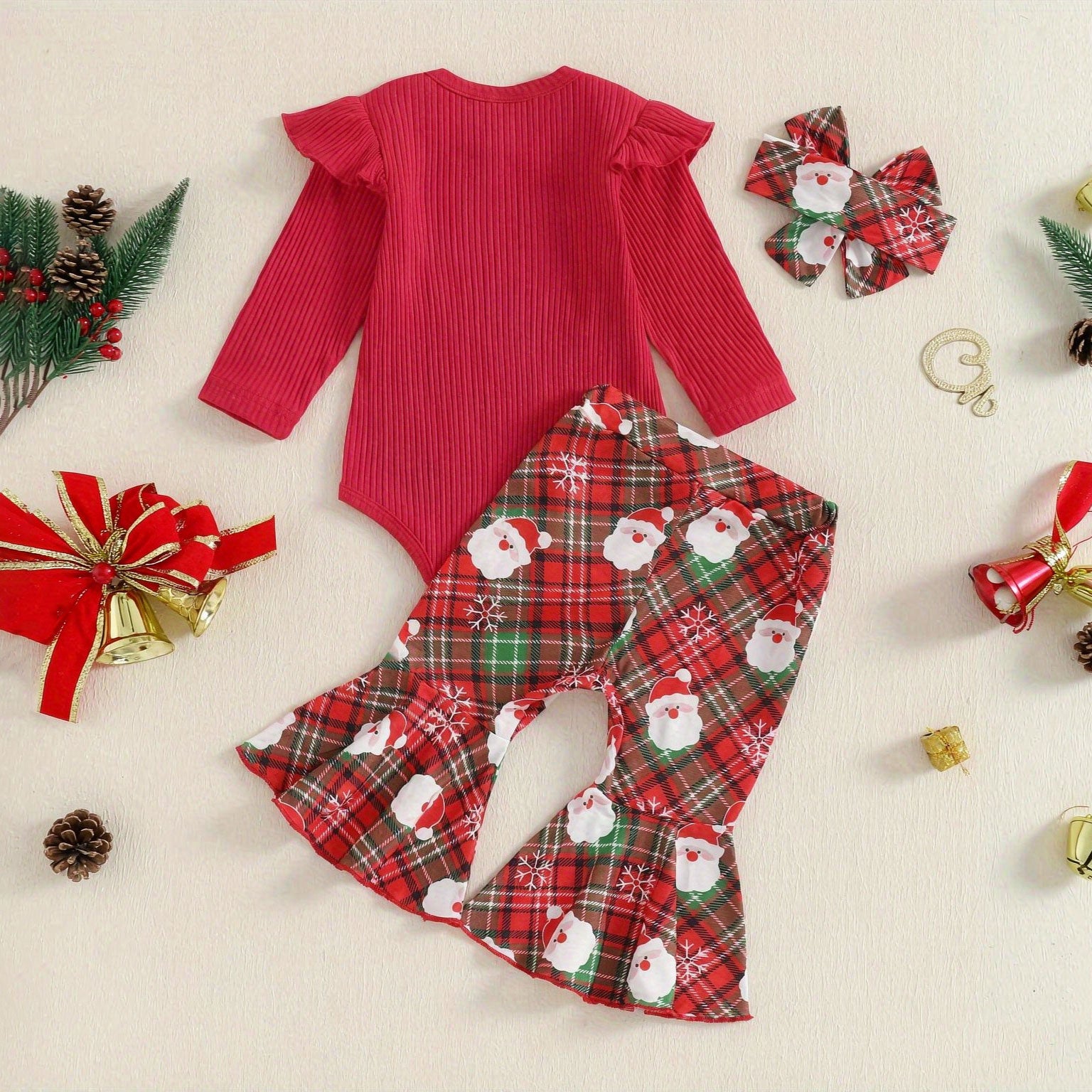 3PCS My First Christmas Letter Plaid Santa Claus Print Long Sleeve Baby Set