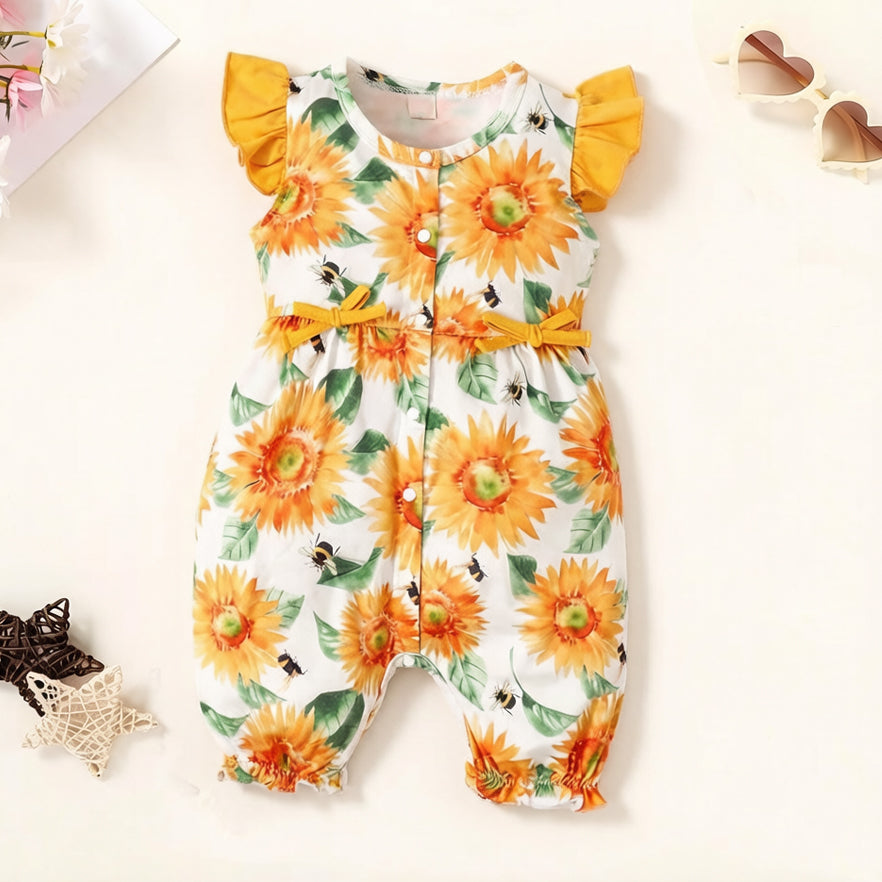 Lovely Sunflower Print Bow Flutter Sleeve Baby Jumpsuit