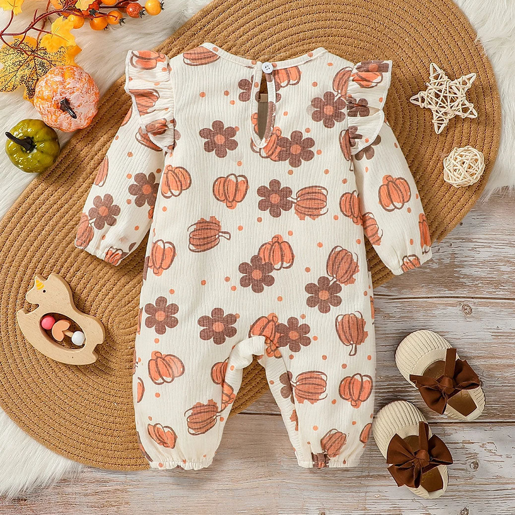 Graceful Pumpkin and Floral Printed Baby Jumpsuit