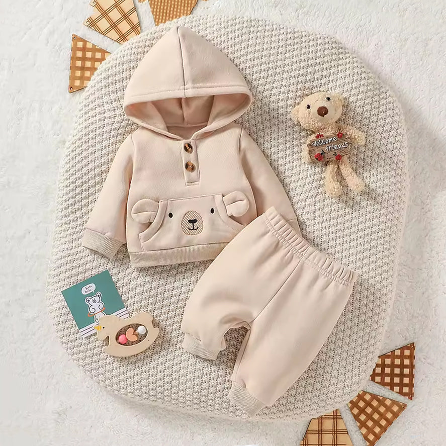 2PCS Solid Color Bear Pocket Long Sleeve Hooded Baby Set
