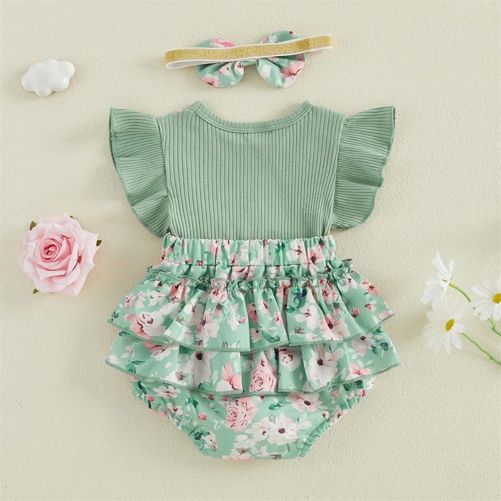2PSC Trend Floral Printed Flounce Sleeve Baby Romper