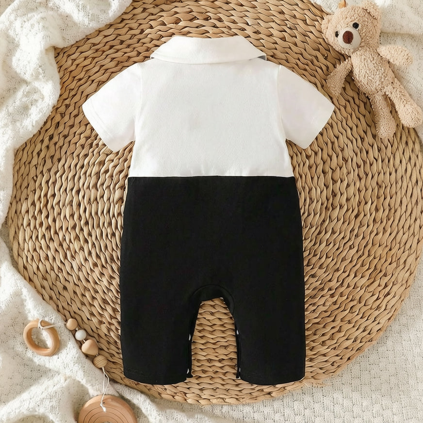 Casual Bear Appliqué Short Sleeve Baby Jumpsuit