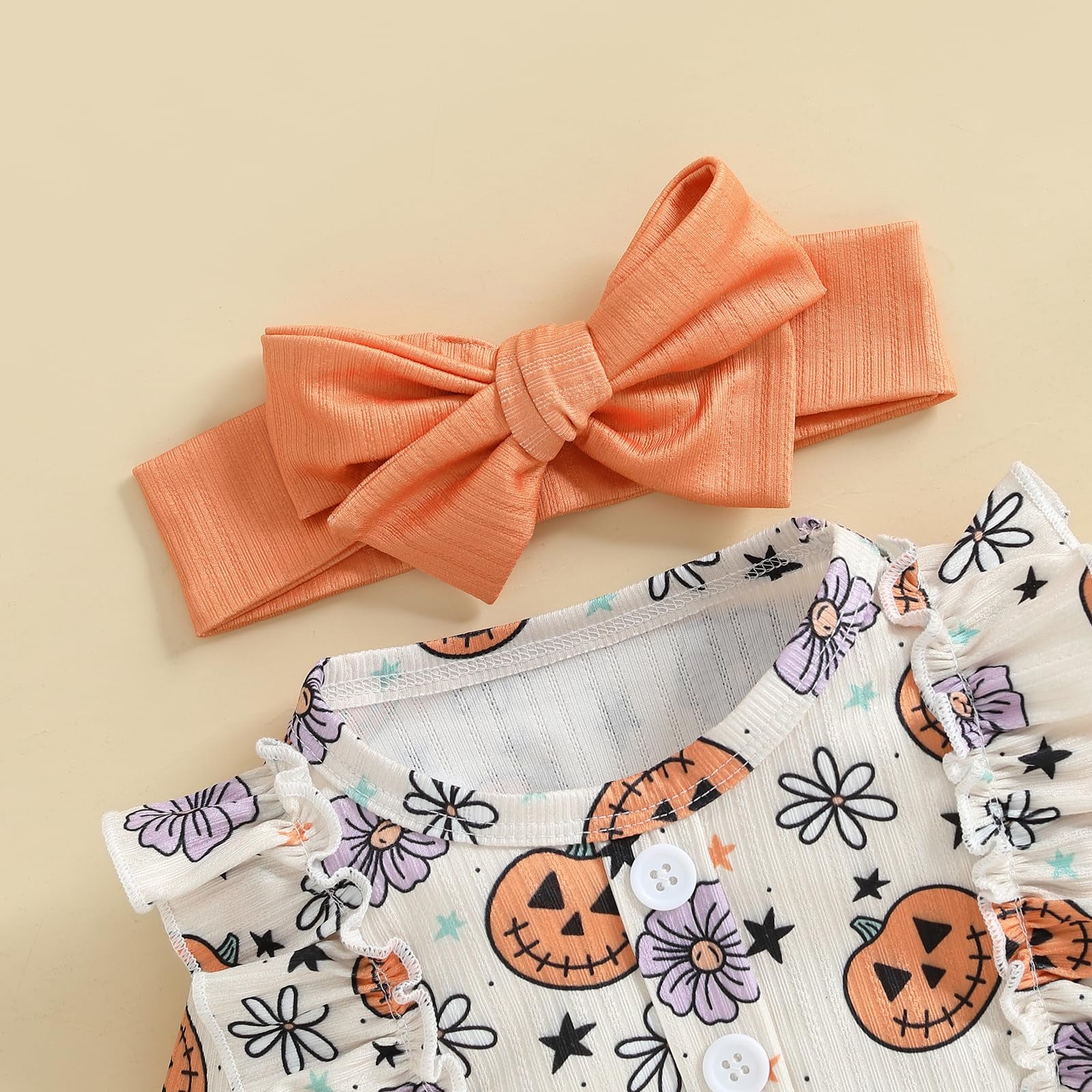 3PCS Quirky Halloween Pumpkin Printed Baby Romper