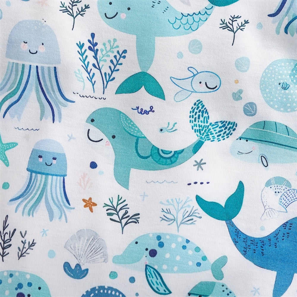 2PCS Cute Sea Animals Printed Long Sleeve Baby Jumpsuit