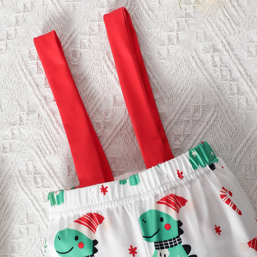3PCS Cute Merry Christmas Letter Dinosaur Tree Print Baby Overalls Set