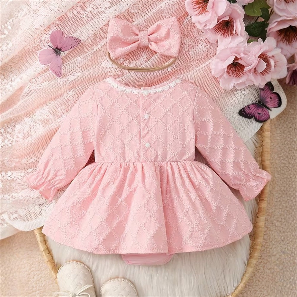 2PCS Sweet Argyle Long Sleeve Bow Baby Romper