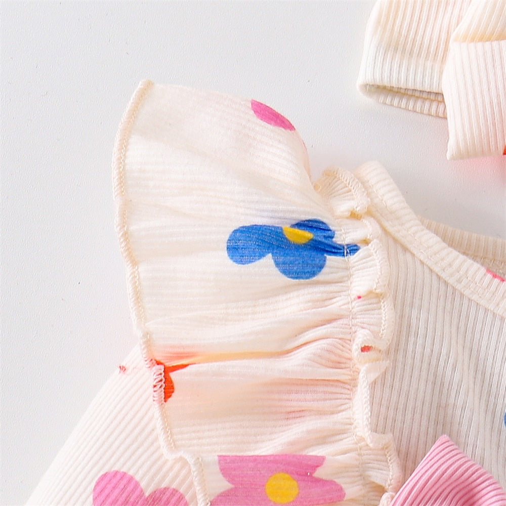 3PCS Refined Floral Printed Bow Baby Girl Romper