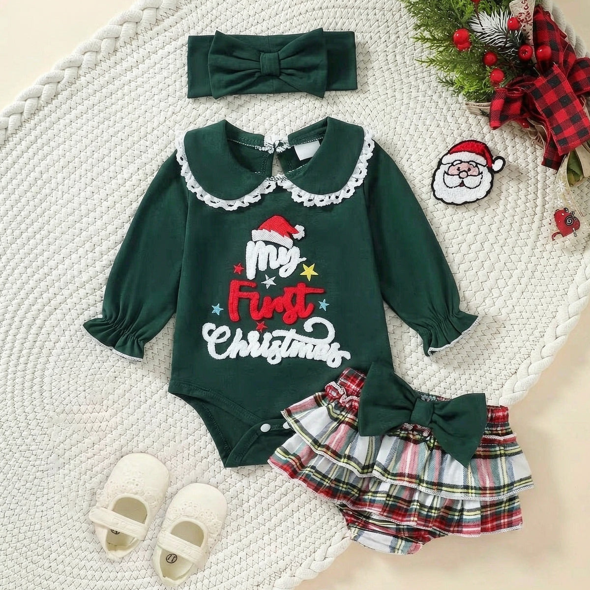 3PCS My First Christmas Letter Santa Hat Applique Plaid Print Baby Girl Set