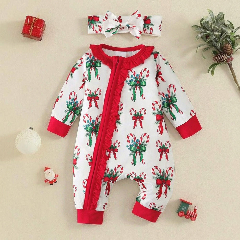 2PCS Cute Candy Cane Print Long Sleeve Baby Jumpsuit
