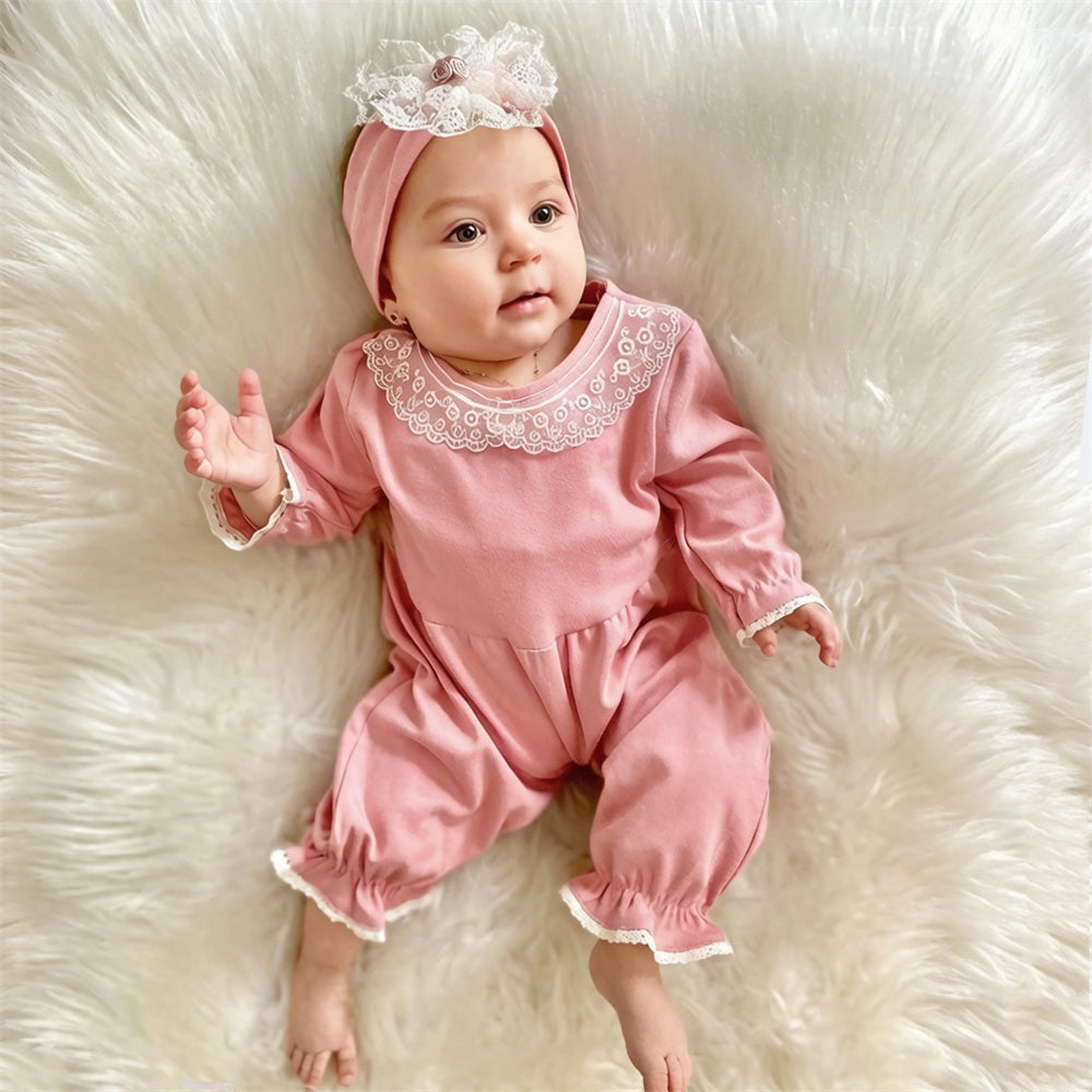 2PCS Pure Solid Color Lace Baby Jumpsuit