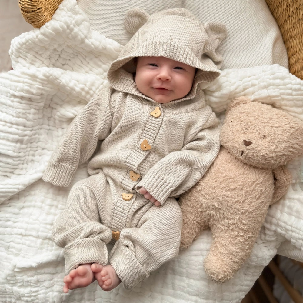Cozy Solid Color Knit Long Sleeve Baby Hooded Jumpsuit
