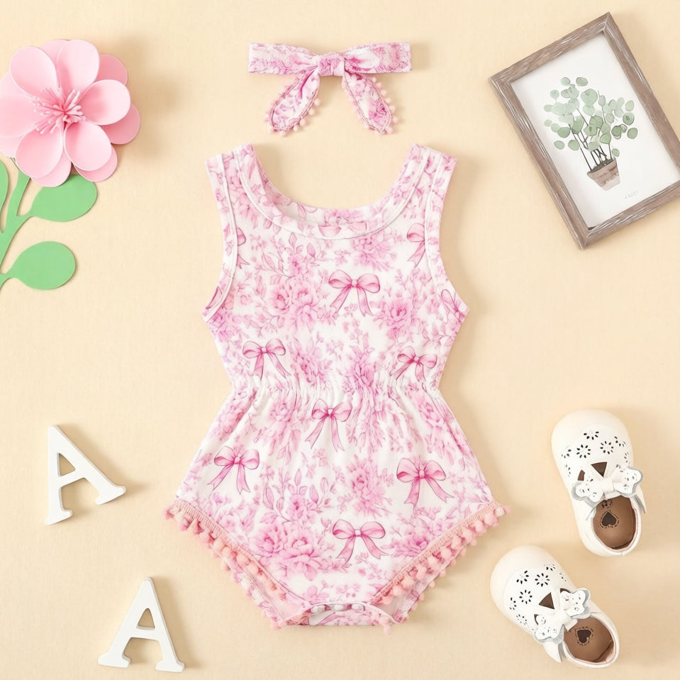 2PCS Grace Bow & Floral Printed Sleeveless Baby Romper