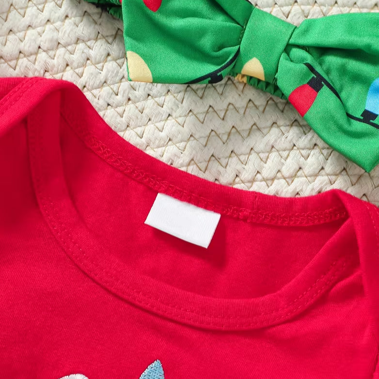 4PCS My First Christmas Letter Holiday Lights Print Long Sleeve Baby Girl Set