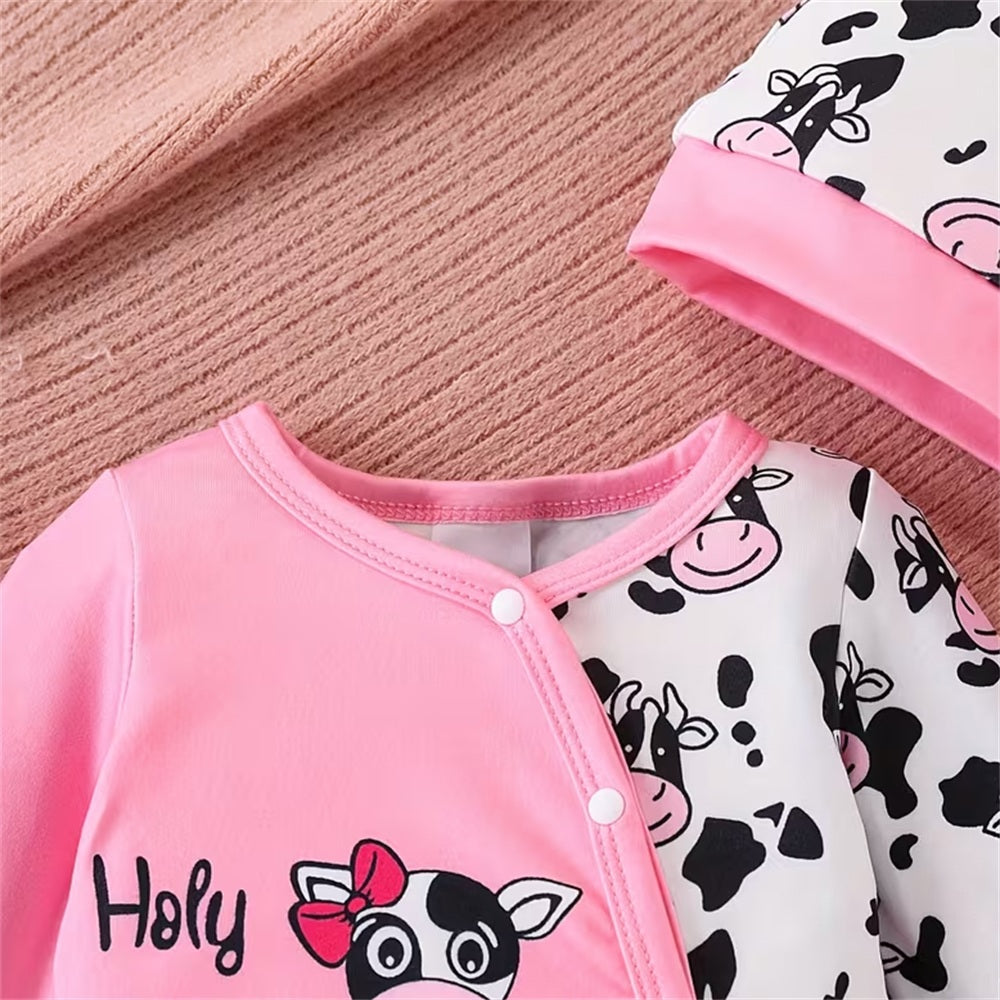 2PCS Holy Cow I'm Cute Letter Print Long Sleeve Baby Girl Jumpsuit