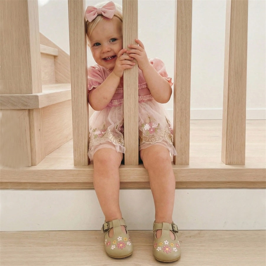 2PCS Summer Floral Embroidery Short Sleeve Lace Tulle Baby Romper