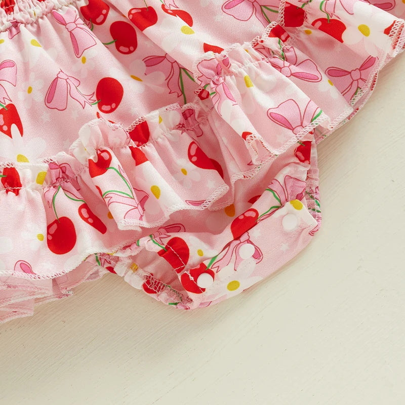 2PCS Cute Bowknot Cherry Printed Short Sleeve Baby Romper