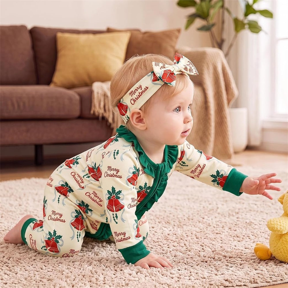 2PCS Merry Christmas Letter Print Ruffle Trim Baby Jumpsuit