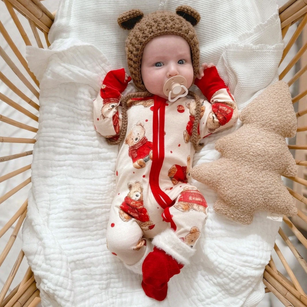 Cute Christmas Bear Printed Zipper Long Sleeve Baby Jumpsuit