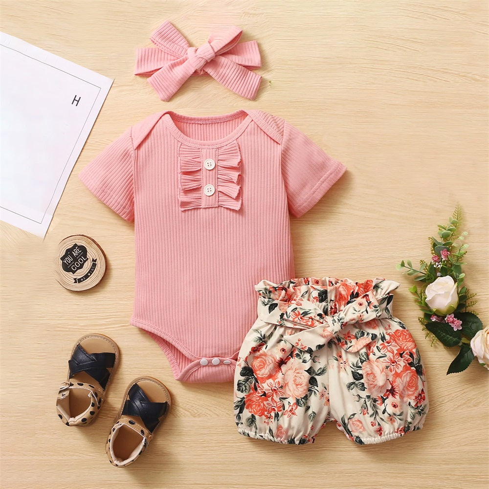 3PCS Summer Stylish Floral Printed Short Sleeve Baby Set