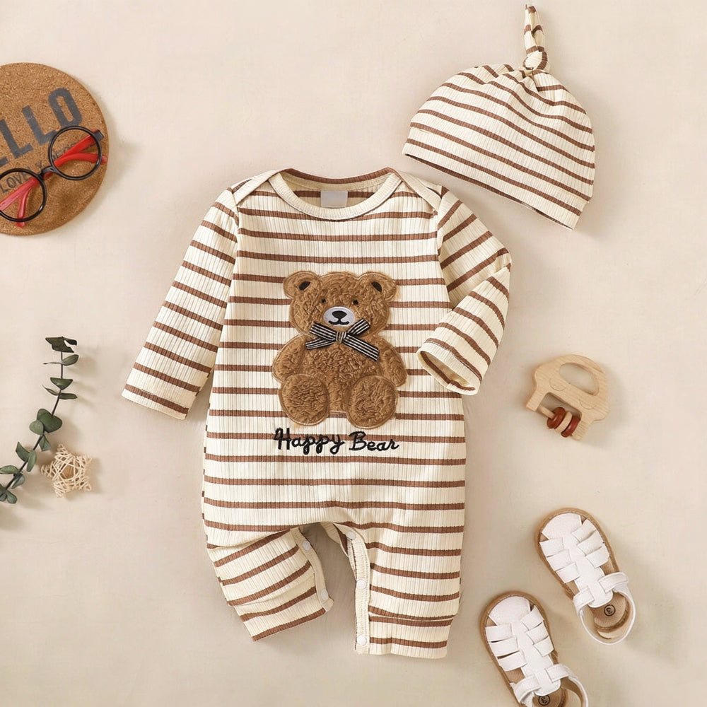 2PCS Cute Bear Applique Stripe Printed Long Sleeve Baby Jumpsuit