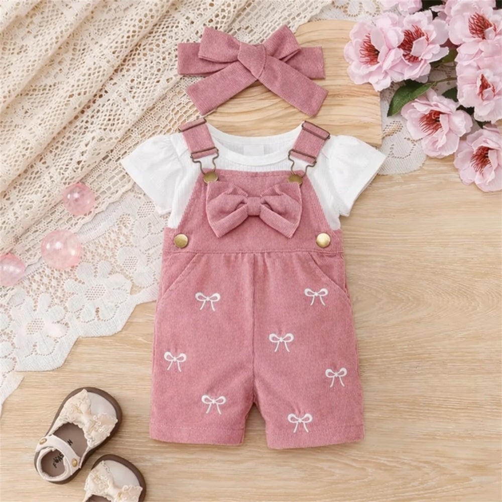 3PCS Sweet Bow Printed Short Sleeve Baby Overalls Set