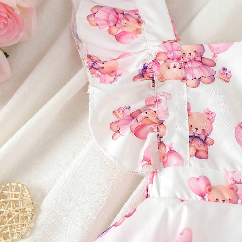 2PCS Lovely Bear Printed Ruffle Trim Baby Romper