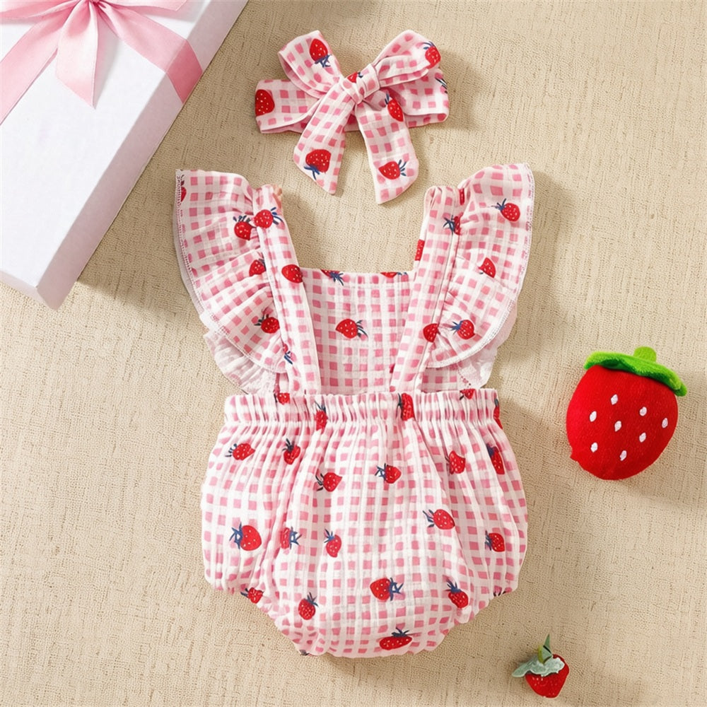 2PCS Strawberry Plaid Printed Flutter Sleeve Baby Romper