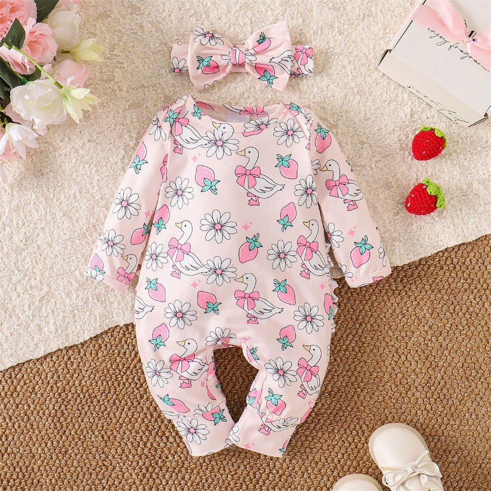 2PCS Lovely Duck and Strawberry Print Frill Baby Jumpsuit