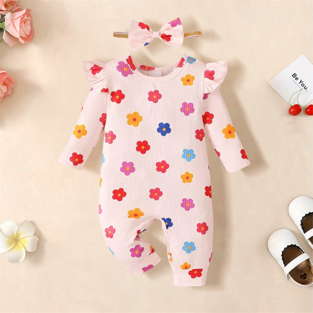 2PCS Cute Floral Print Long Sleeve Baby Jumpsuit