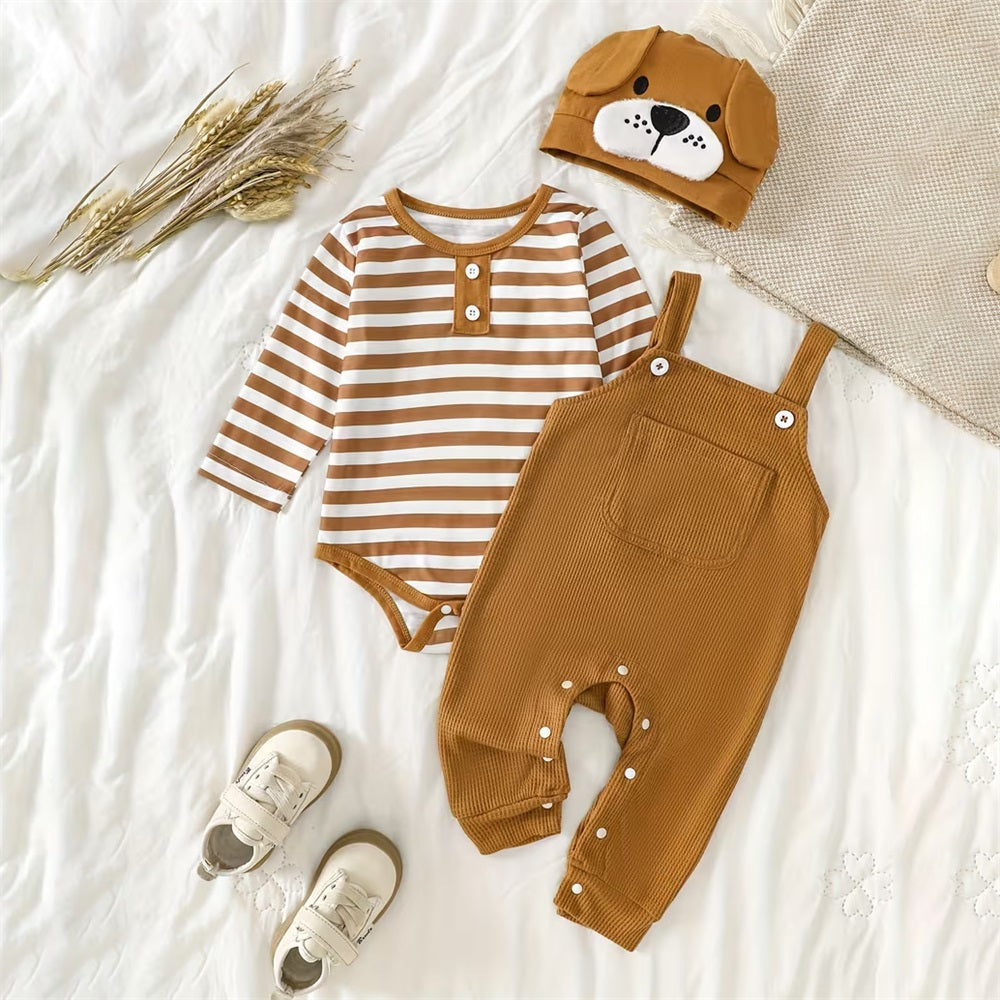 2PCS Cute Puppy Print Striped Long Sleeve Baby Set