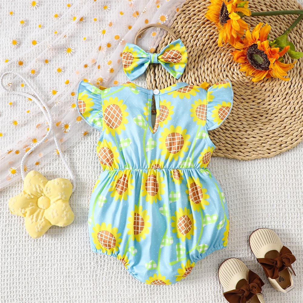 2PCS Sweet Sunflower Print Bow Flutter Sleeve Baby Romper