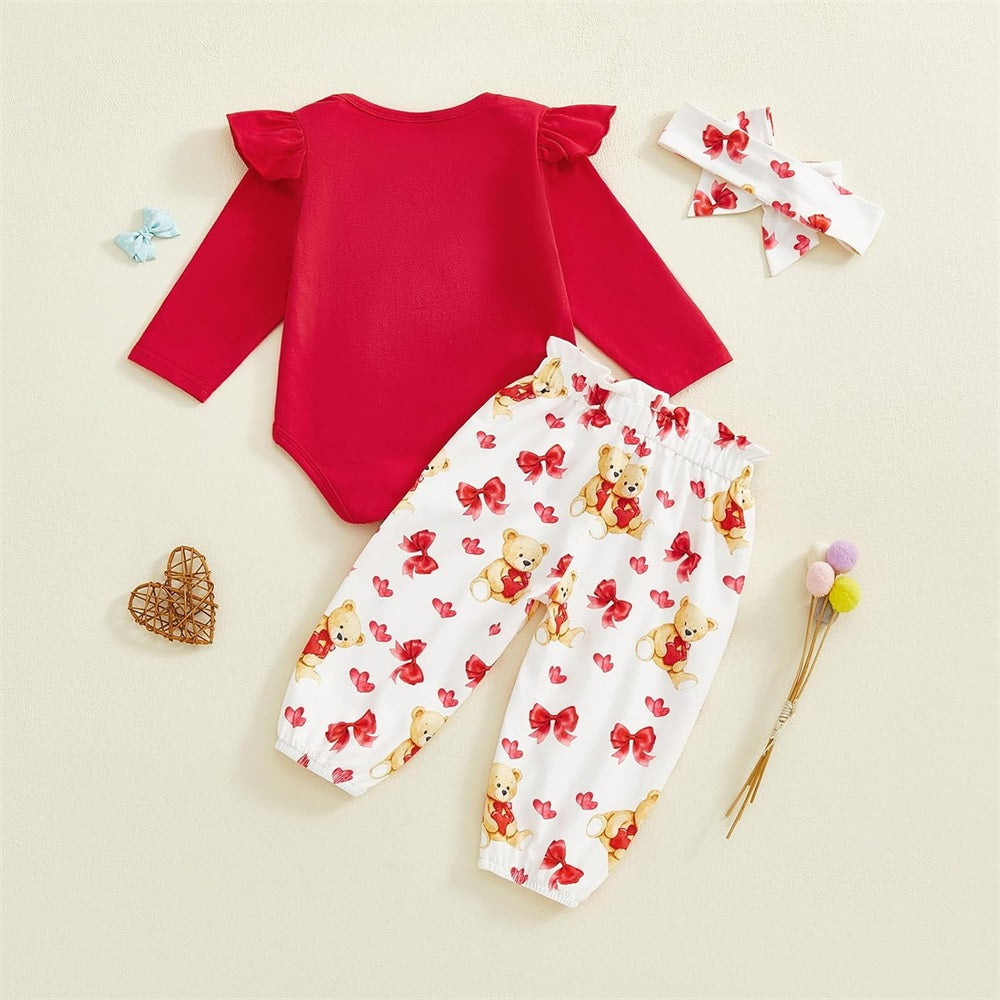 3PCS My First Valentine's Day Letter Bear Print Baby Set